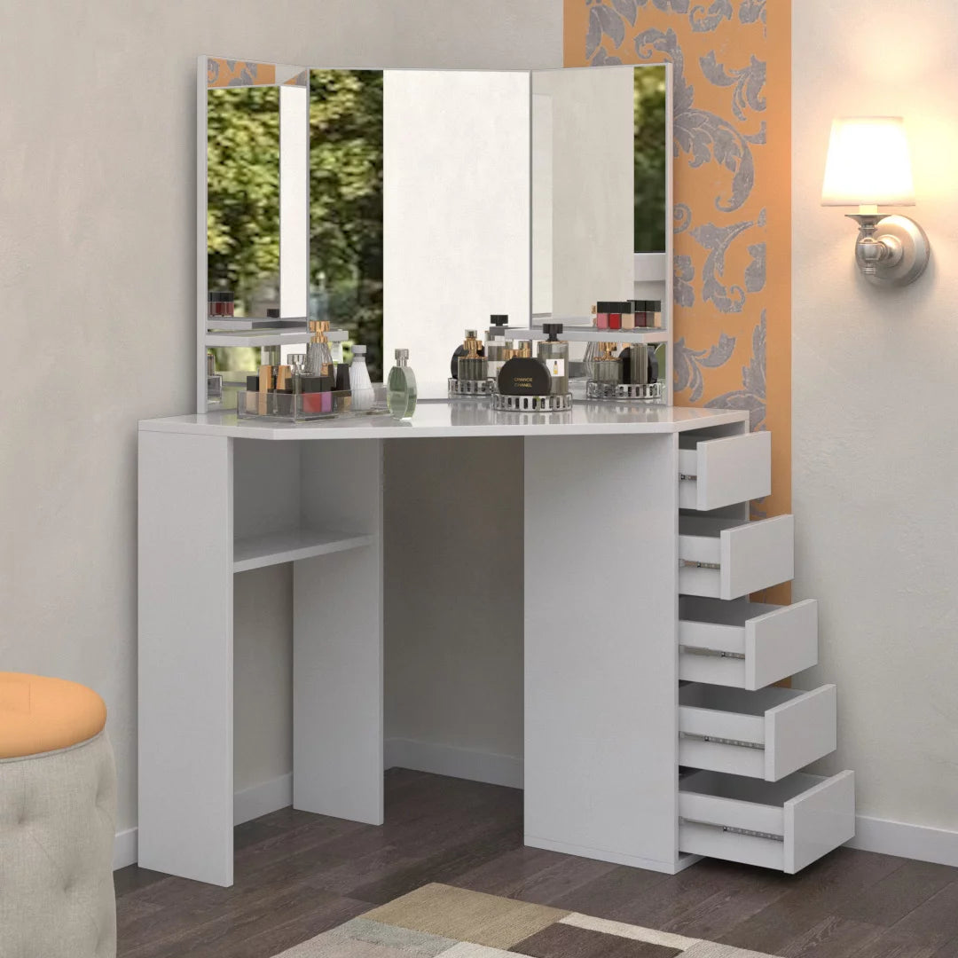 Corner Makeup Vanity Desk with 3 Mirrors and 5 Drawers W419