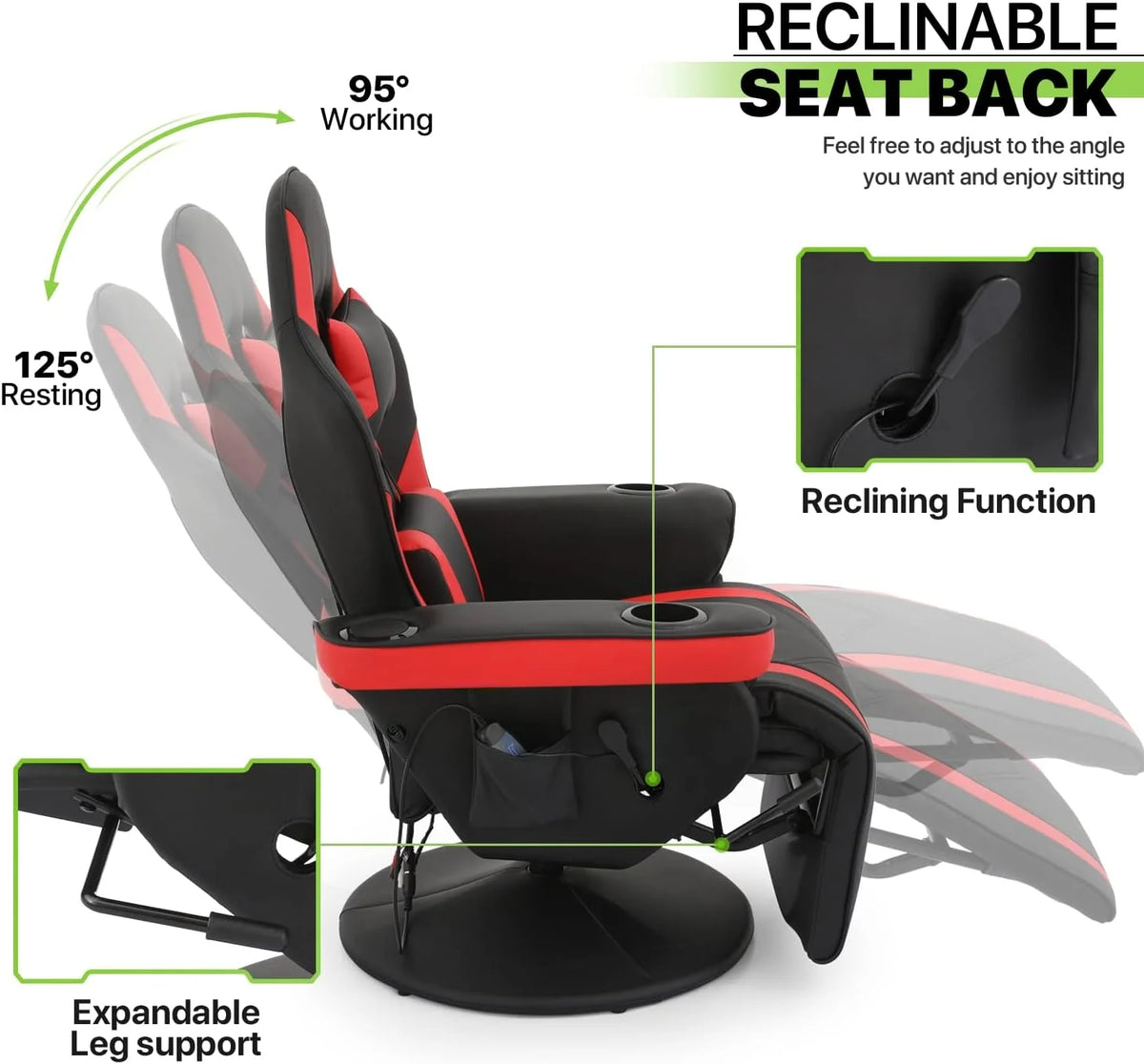 Red PU Leather 360° Swivel Massage Game Chair with Headrest and Footrest T37268