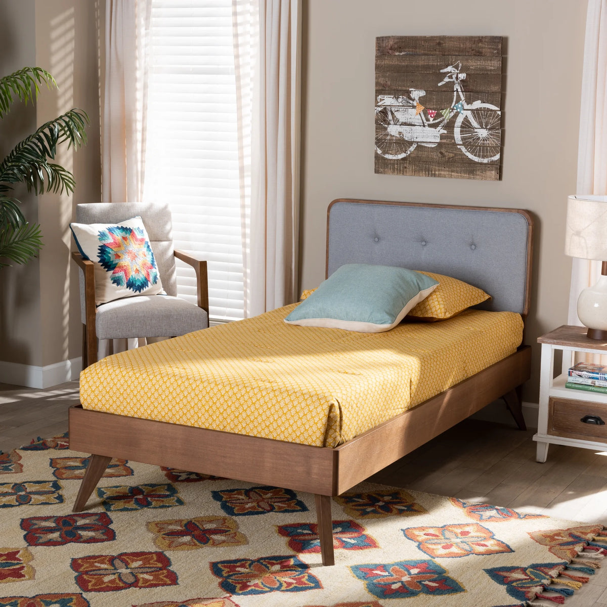 Light Grey Walnut Brown Tufted Upholstered Platform Bed B1448