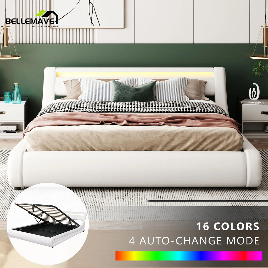 Queen Faux Leather Upholstered Platform Bed Frame with LED Lights Headboard O135662