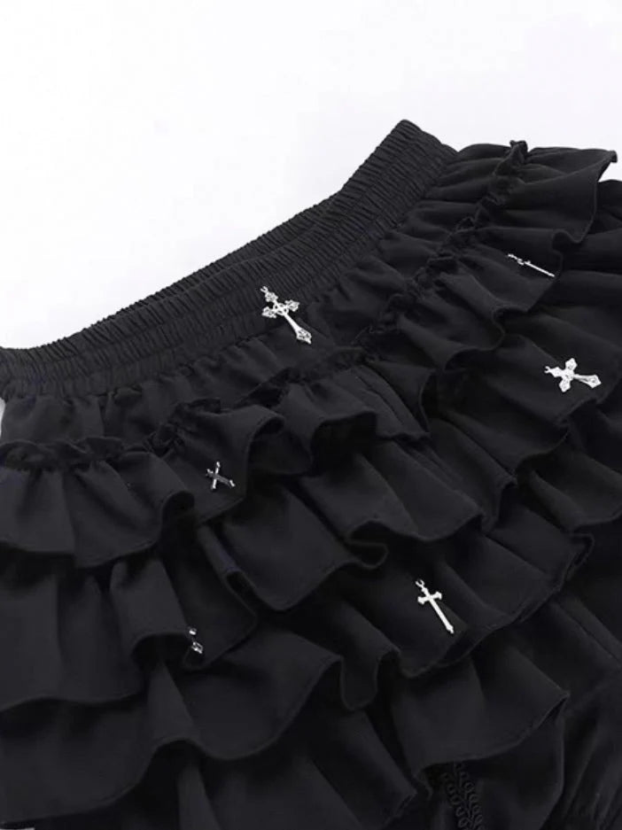 Soft Goth Ruffle Cross Pendant Shorts X21649