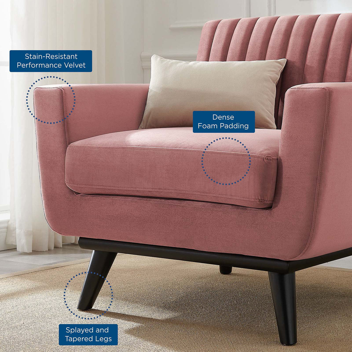 Dusty Rose Channel Tufted Performance Velvet Armchair Y760