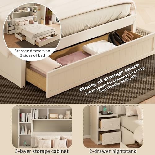 White Full Size Wood Platform Bed with Bookcase Headboard and Drawers F104152