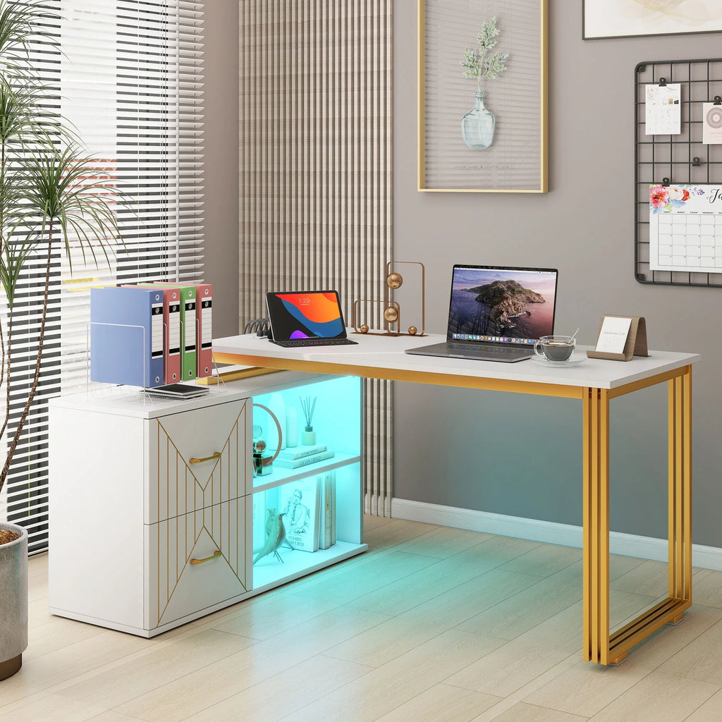 White 55 Inch L Shaped Corner Desk with Drawers and Storage Shelves L8875