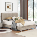 Beige Queen Linen Upholstered Platform Bed Frame with LED Headboard and Footboard Drawers Q891630