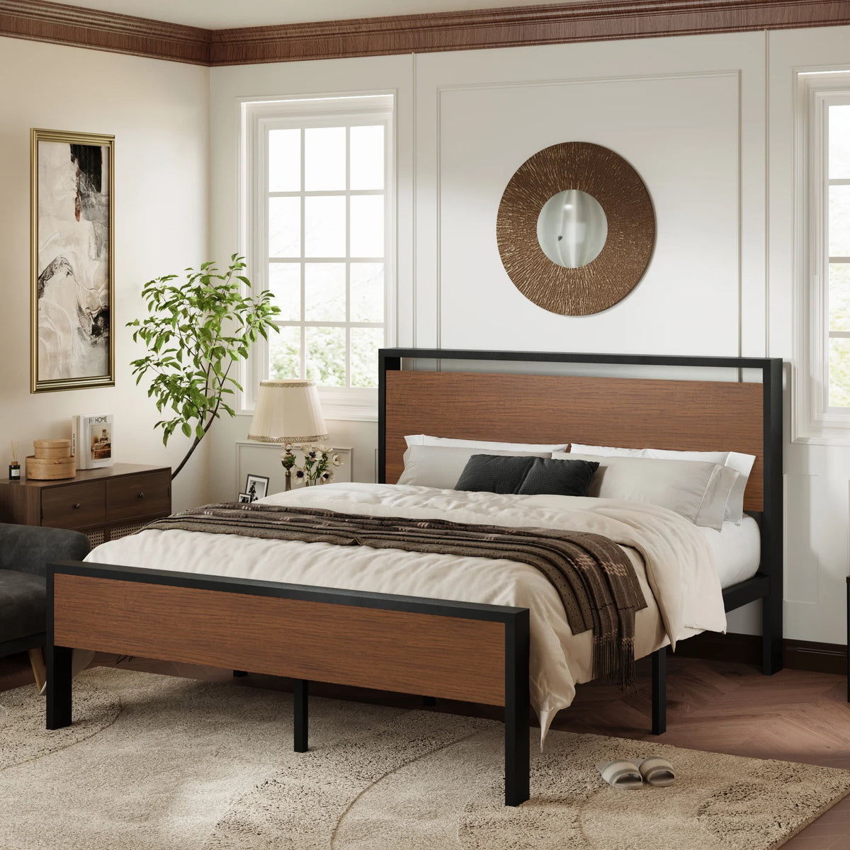 Queen Size Metal Platform Bed Frame with Wood Headboard N991367