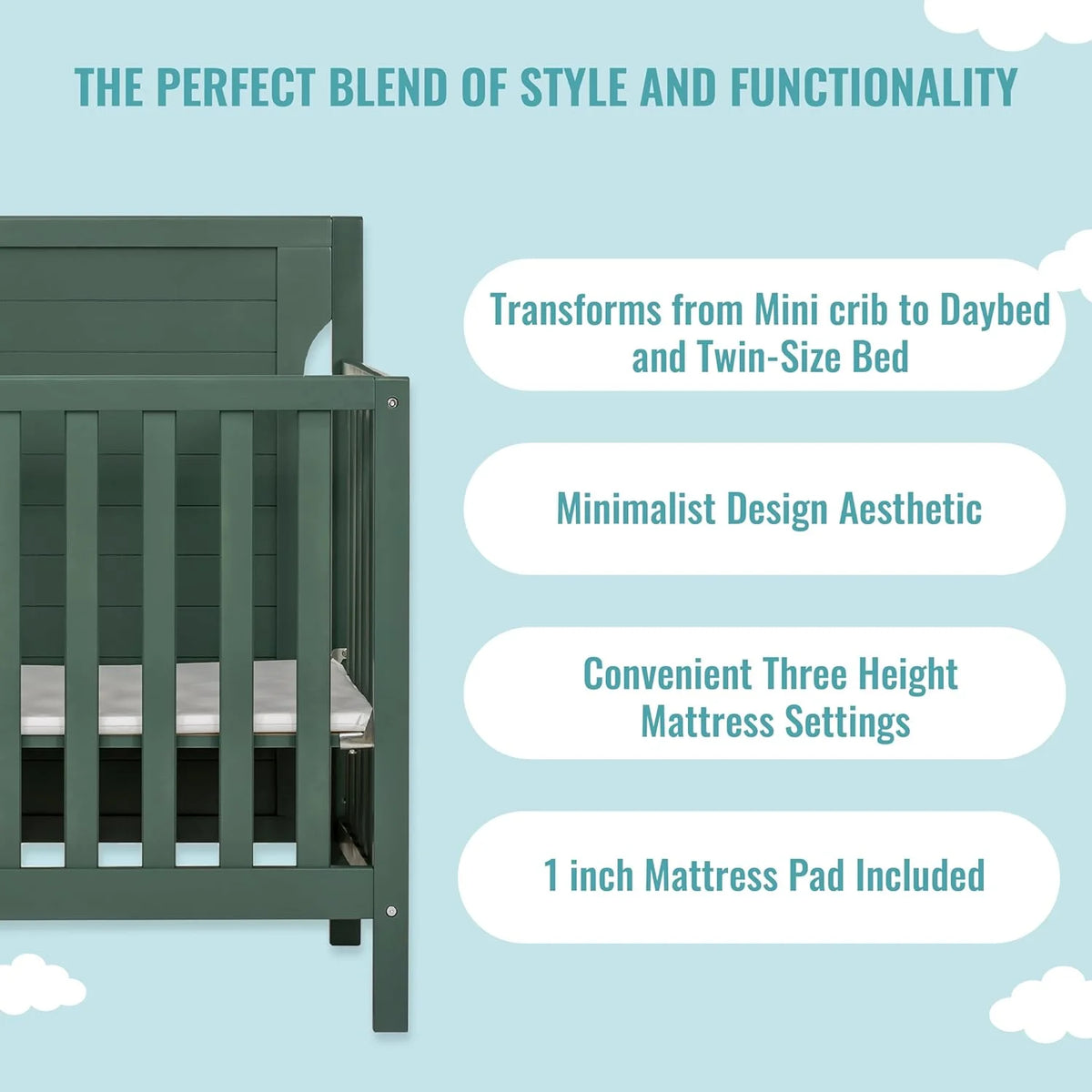 4 in 1 Convertible Mini Portable Crib with 3 Mattress Height Settings M4419