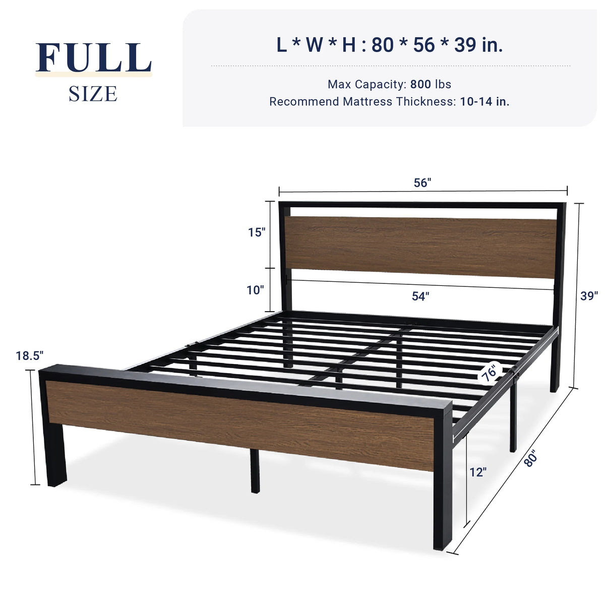 Queen Size Metal Platform Bed Frame with Wood Headboard N991367