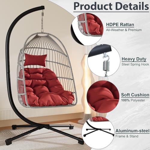 Foldable Hanging Egg Chair with Stand, HDPE Rattan and Aluminum-Steel Frame, 350 Lbs Capacity, Beige V5885