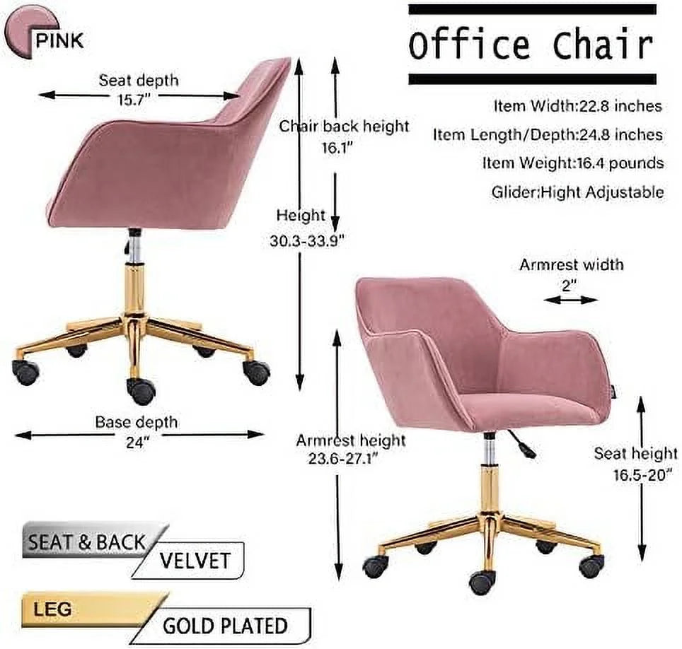 Velvet Yellow Adjustable Height Revolving Office Chair with Gold Metal Legs H916