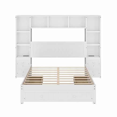 White Full Size Wood Platform Bed with Bookcase Headboard and Drawers F104152