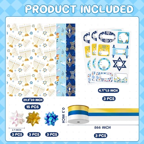 30 Pcs Hanukkah Wrapping Paper Gift Tags Bows Ribbon R51517