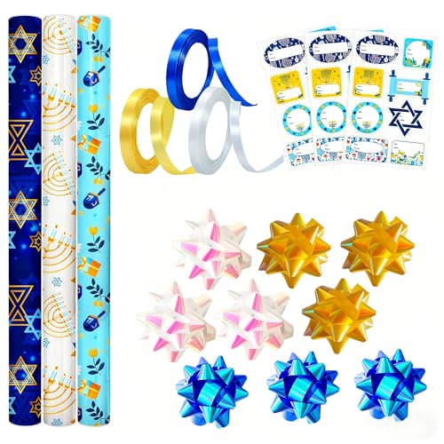 30 Pcs Hanukkah Wrapping Paper Gift Tags Bows Ribbon R51517